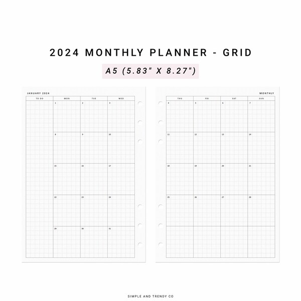 2024 Monthly Planner Minimalist Printable, A5 Planner Inserts