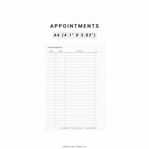 Appointments A6 Inserts, Appointment Printable, Scheduling, Appointment Reminder, Doctor&#39;s Appointments
