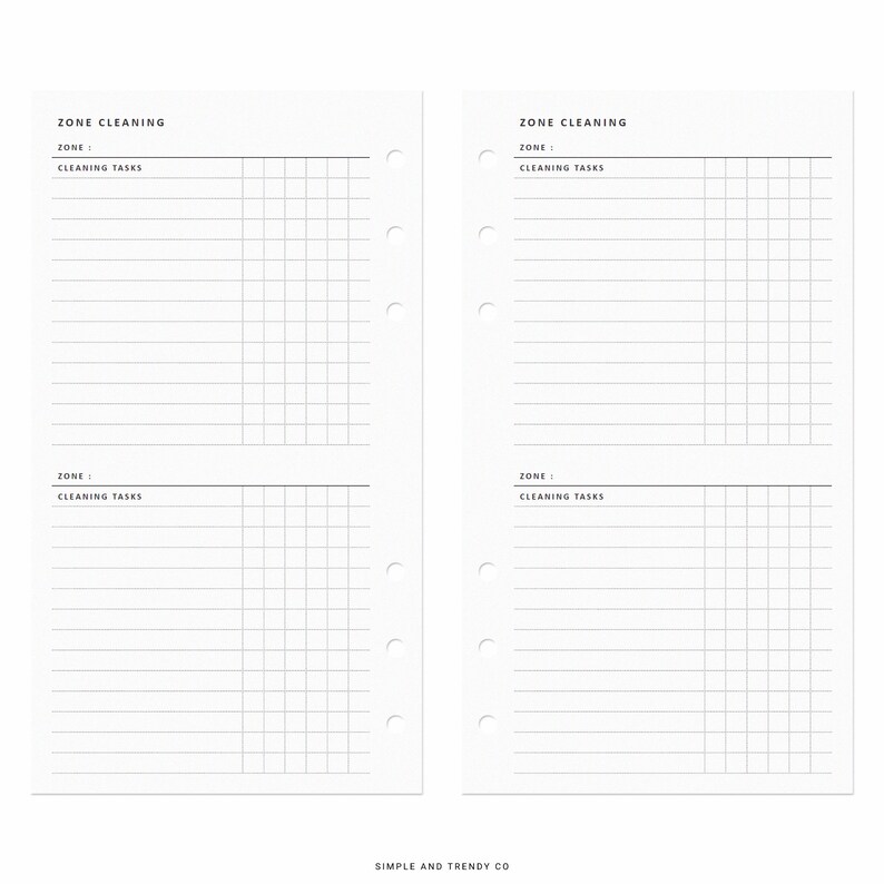 May include: Two white planner pages with black text and lines. Each page features two sections labelled ZONE CLEANING, with fields for ZONE and CLEANING TASKS, including a grid for checkmarks. The pages have five circular punch holes along the inner edge.