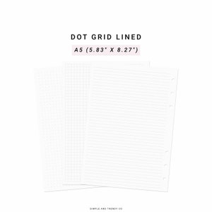 Peut inclure: Trois feuilles de papier, l'une avec une grille de points, l'autre avec une grille et la dernière avec des lignes. Le papier est blanc et les lignes sont grises. Le papier est de format A5, soit 14,8 cm sur 21 cm.