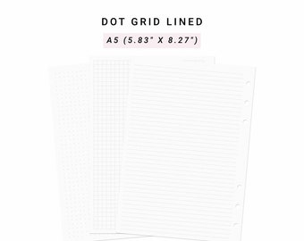 May include: Three sheets of paper, one with a dot grid, one with a grid, and one with lines. The paper is white and the lines are gray. The paper is A5 size, which is 5.83 inches by 8.27 inches.