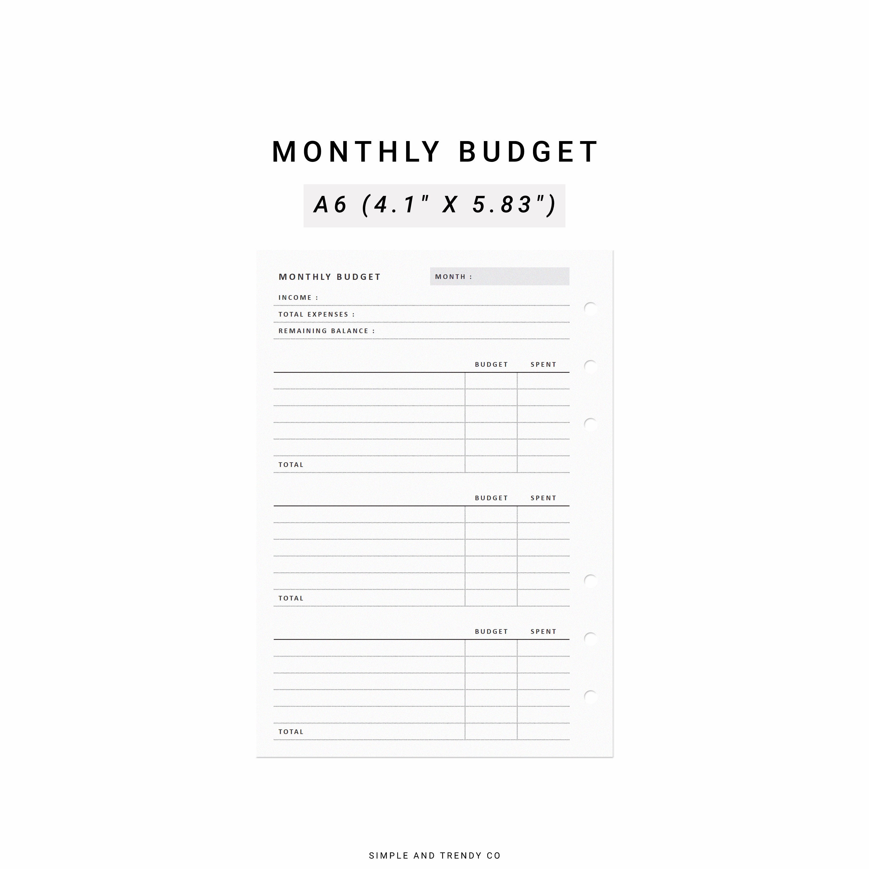 Budget Planner Printable A6 Inserts, Monthly Budget Template