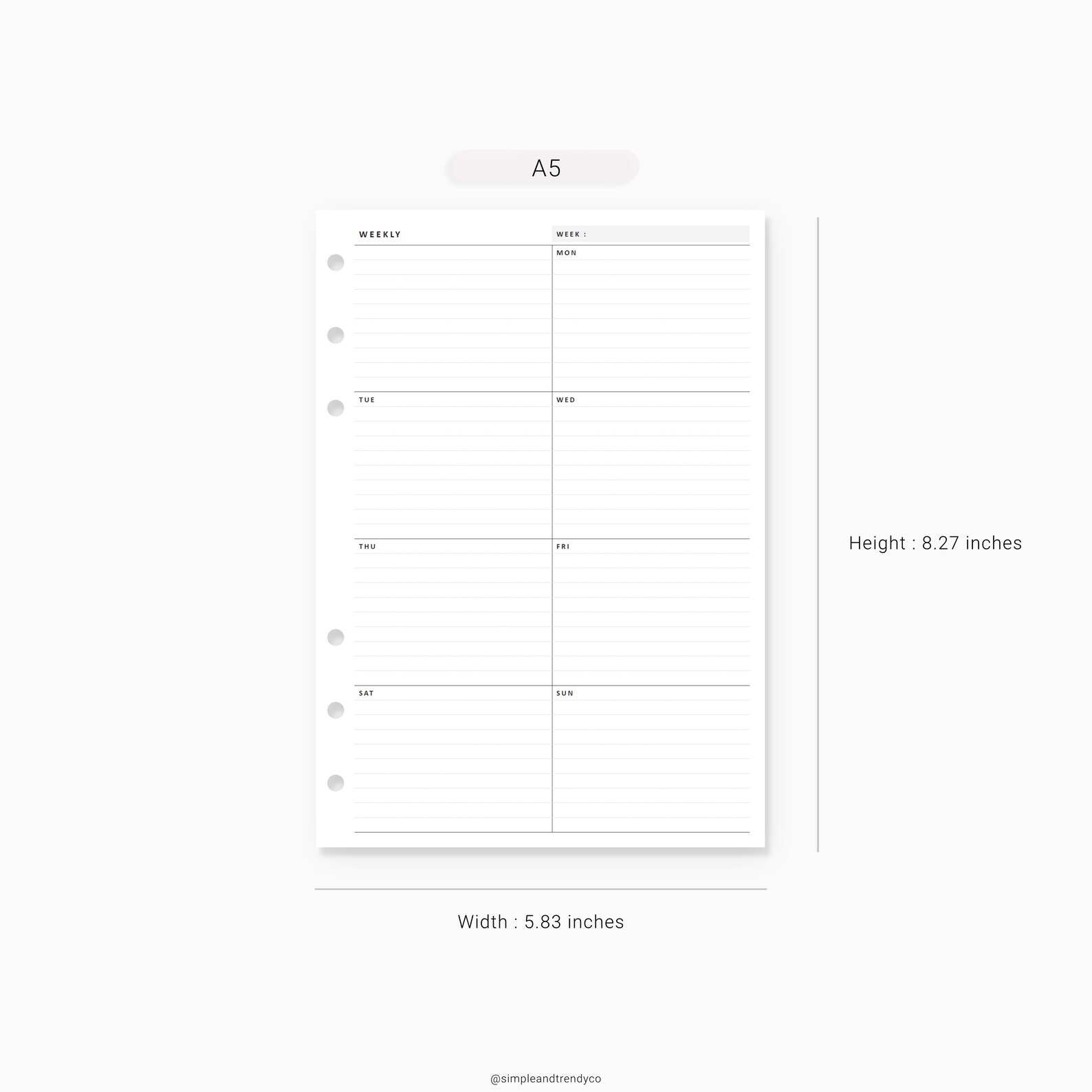 Week on One Page Printable A5 Planner Inserts Weekly 1 Page | Etsy