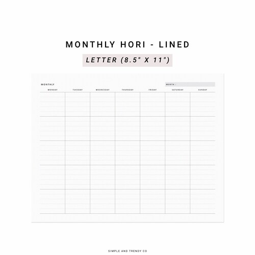 Monthly Planner US Letter Size Monthly Calendar Printable Etsy