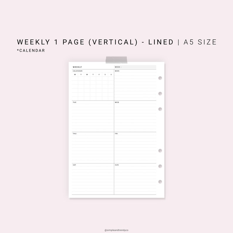 Week on One Page Printable A5 Planner Inserts Weekly 1 Page | Etsy