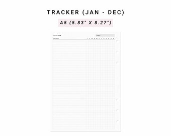 May include: A blank A5 (5.83" x 8.27") tracker with a grid pattern and lines for writing. The tracker is labeled "TRACKER (JAN - DEC)" and has a space for the year.