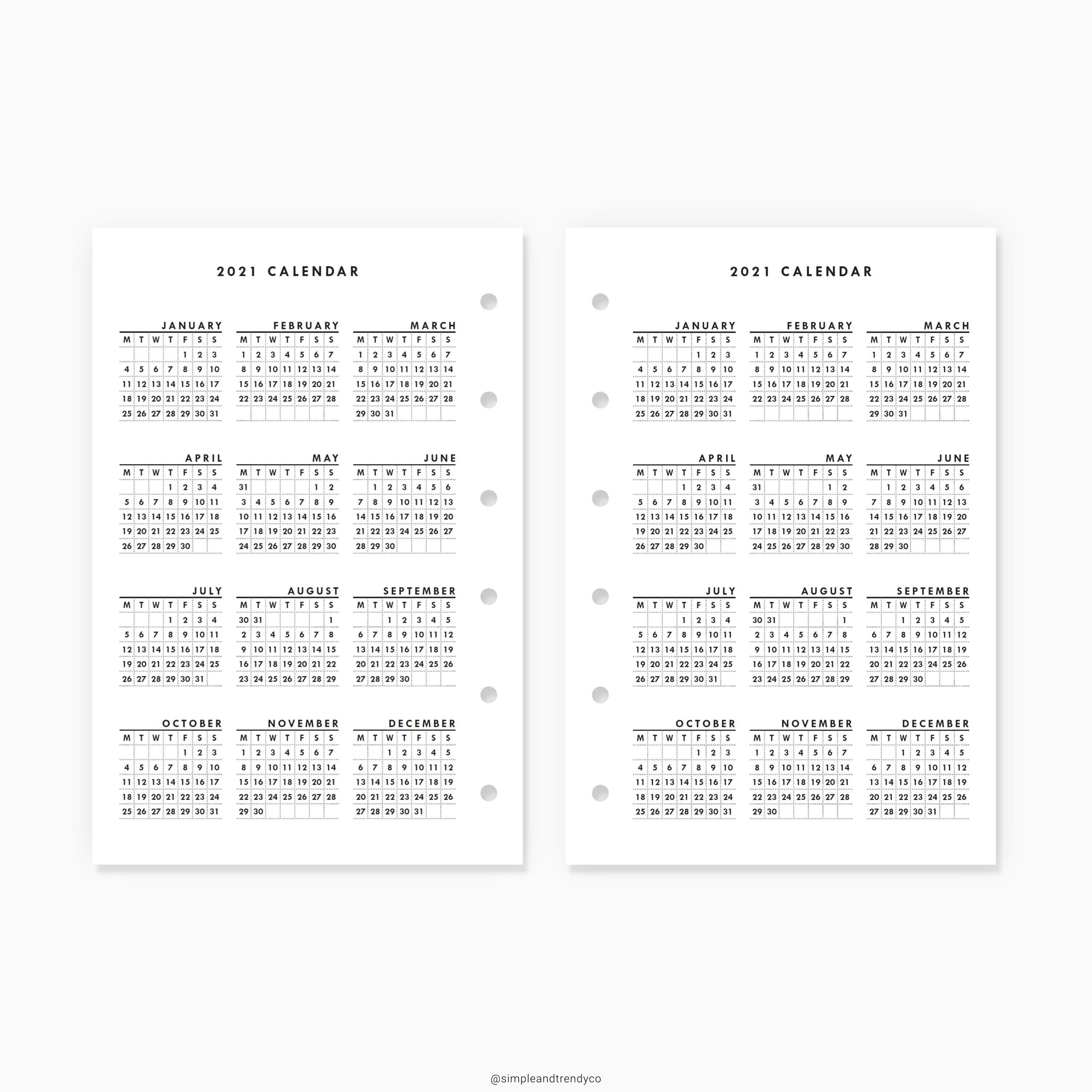 Pocket size Calendar Printable 2021 Calendar Sunday Monday | Etsy