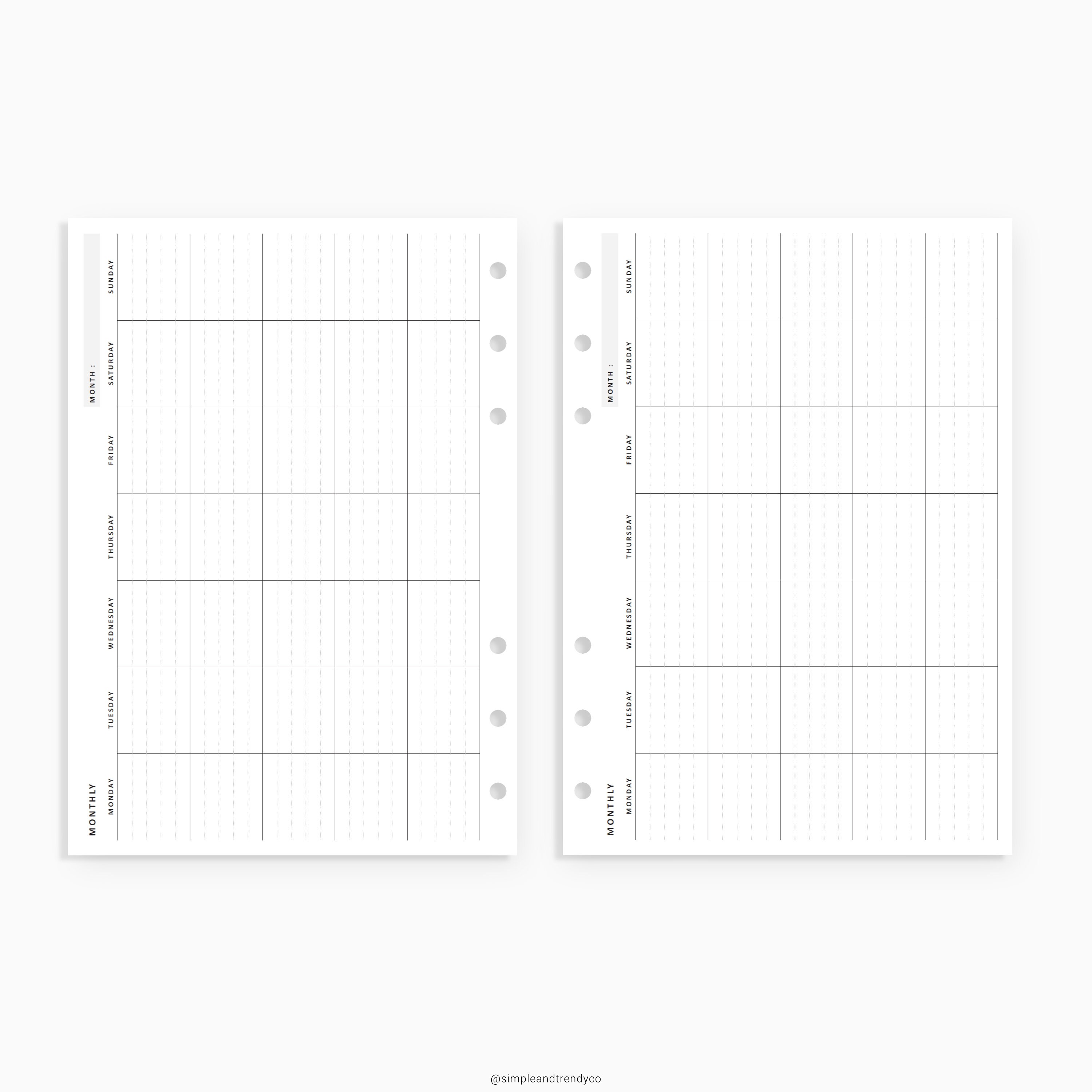 Month on One Page Horizontal Printable MO1P A5 Planner Inserts | Etsy