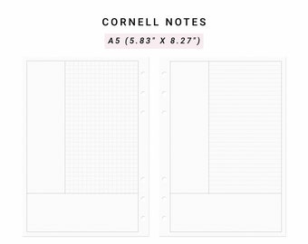 May include: Two white A5 Cornell notes planner pages measuring 5.83 inches by 8.27 inches. The left page features a grid layout, while the right page has horizontal lines. Both pages include a left-hand column and a bottom section for notes.