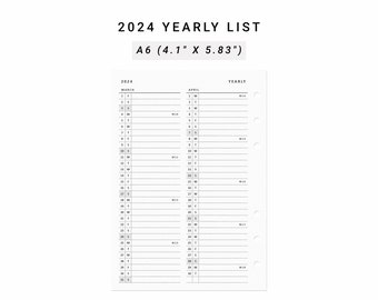 2024 Yearly Planner, A6 Inserts, Printable Yearly List, Yearly Agenda, Year at a glance, Annual Planner