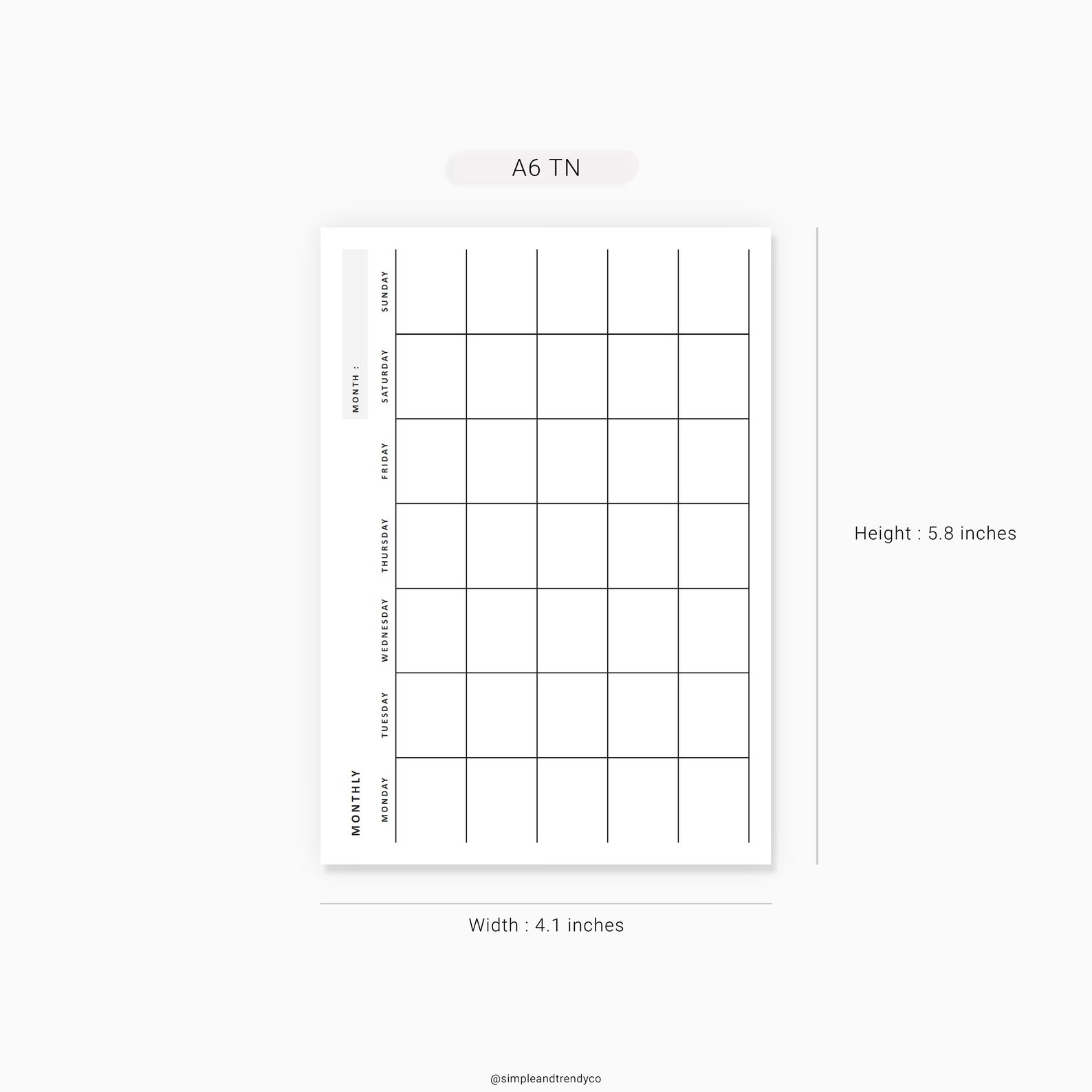 Month on One Page Horizontal Printable MO1P A6 TN | Etsy