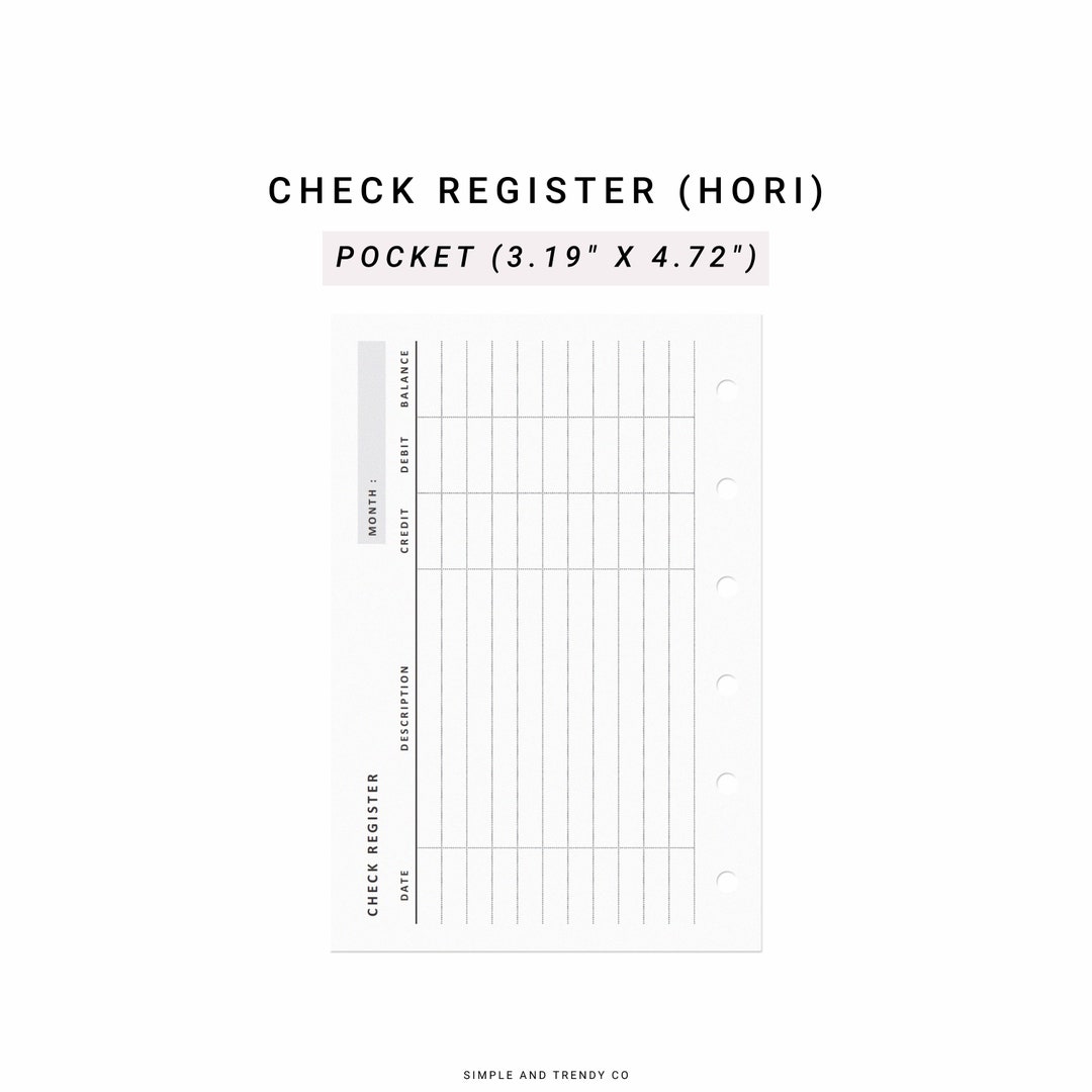 Checking Register Horizontal Pocket Size, Checkbook Register, Printable