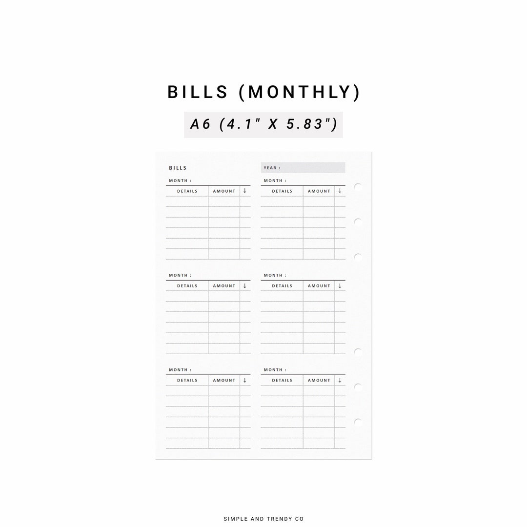 Bill Tracker Printable A6 Inserts, Bill Organizer Bill Due Planner ...