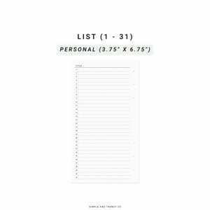 Monthly List Personal Planner Inserts, Printable Month on 1 Page List, 31 days list, Month at a glance, Monthly Planner, Monthly Overview