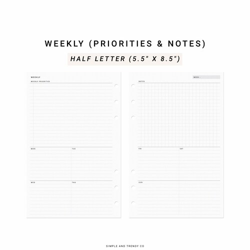 Vertical Weekly Planner Half Size Half Letter Inserts Undated Etsy