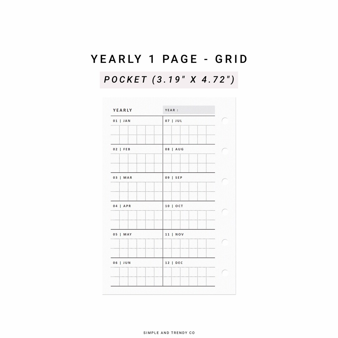 Year at A Glance Pocket Size, Yearly 1 Page, Yearly Planner, Printable ...
