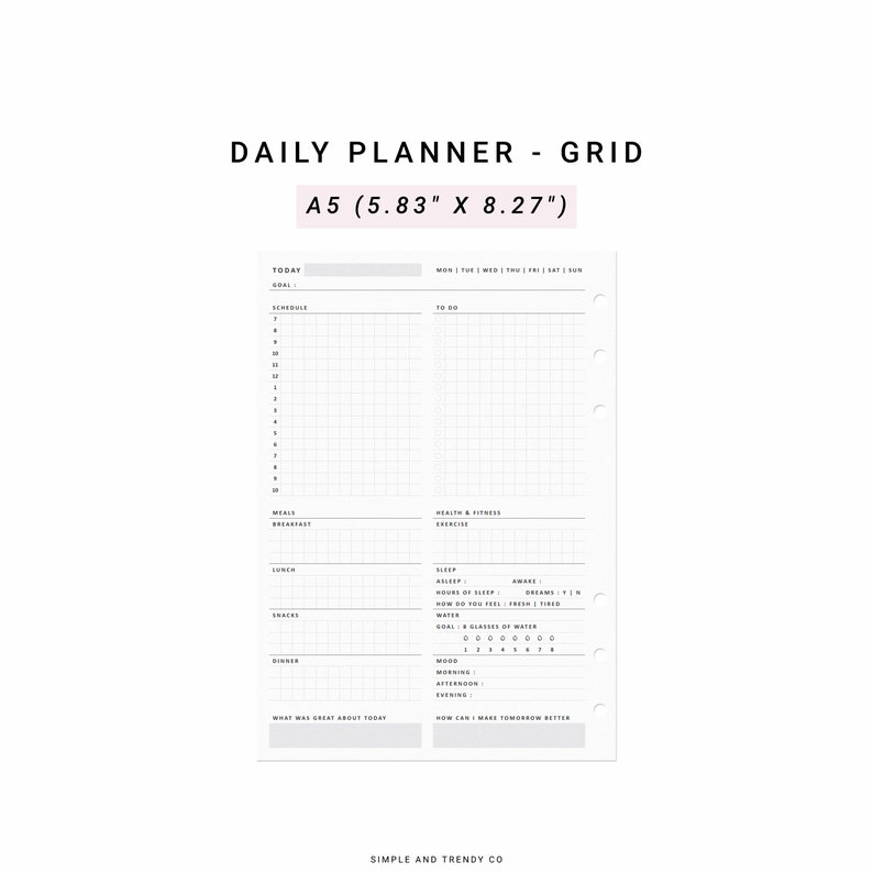 Daily Planner A5 Planner Inserts Minimalist Printable Day Etsy