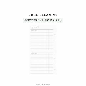 May include: A white personal-sized planner insert measuring 9.53 cm by 17.15 cm, featuring the text ZONE CLEANING. The page includes two sections with headers for zone and cleaning tasks, horizontal lines, and a grid for tracking progress.