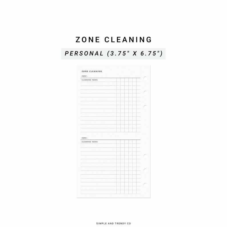 May include: A white personal-sized planner insert measuring 9.53 cm by 17.15 cm, featuring the text ZONE CLEANING. The page includes two sections with headers for zone and cleaning tasks, horizontal lines, and a grid for tracking progress.
