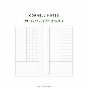 Könnte beinhalten: Zwei weiße Planerseiten mit der Beschriftung CORNELL NOTES PERSONAL (9,53 cm x 17,15 cm). Jede Seite hat eine große leere linke Spalte, eine rechte Spalte mit Raster oder Linien und einen leeren unteren Bereich. Sechs runde Löcher am Rand.