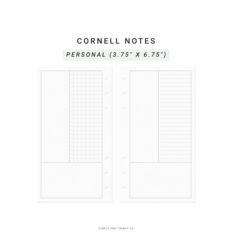 Peut inclure: Deux inserts de planificateur blancs &eacute;tiquet&eacute;s CORNELL NOTES PERSONAL (9,53 cm x 17,15 cm). La page de gauche pr&eacute;sente une section quadrill&eacute;e et la page de droite une section lign&eacute;e. Les deux pages ont une grande zone vierge et une bo&icirc;te horizontale en bas avec six trous de reliure.