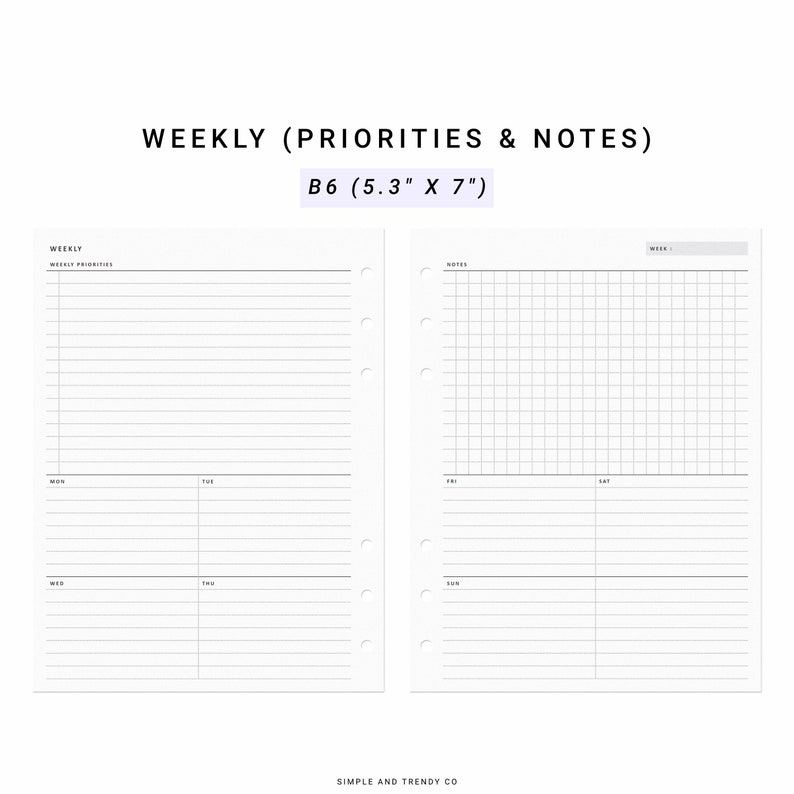 Weekly Planner B6 Inserts Weekly Agenda WO2P Printable - Etsy