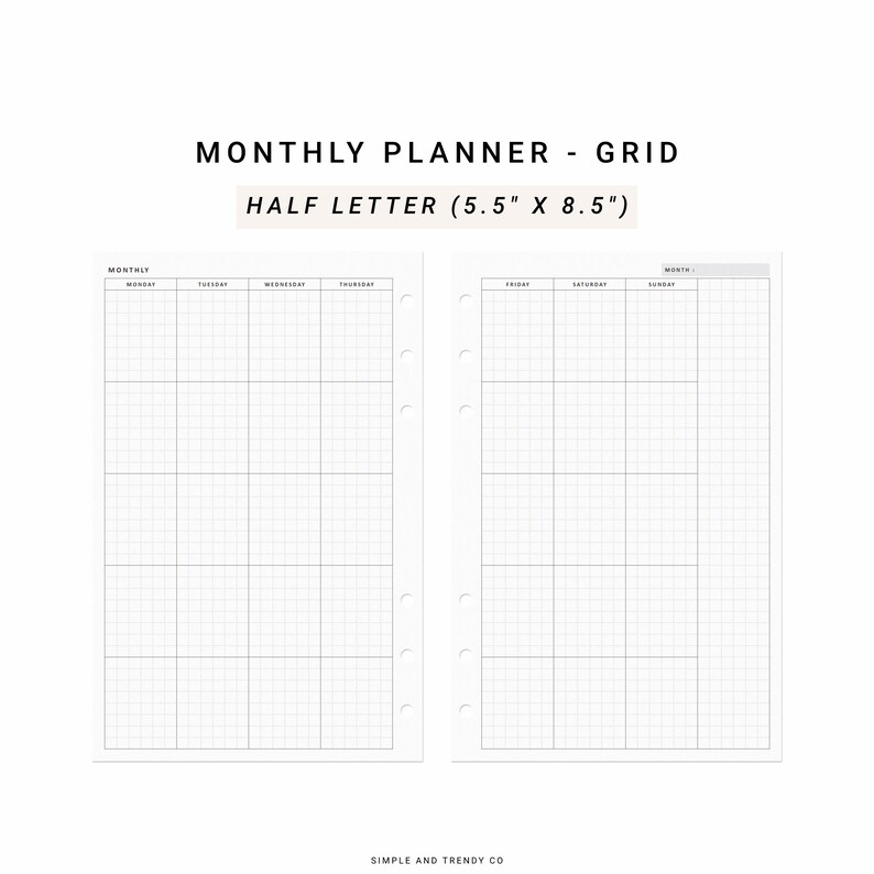 Monthly Planner Printable Minimalist Planner Half Size Half - Etsy