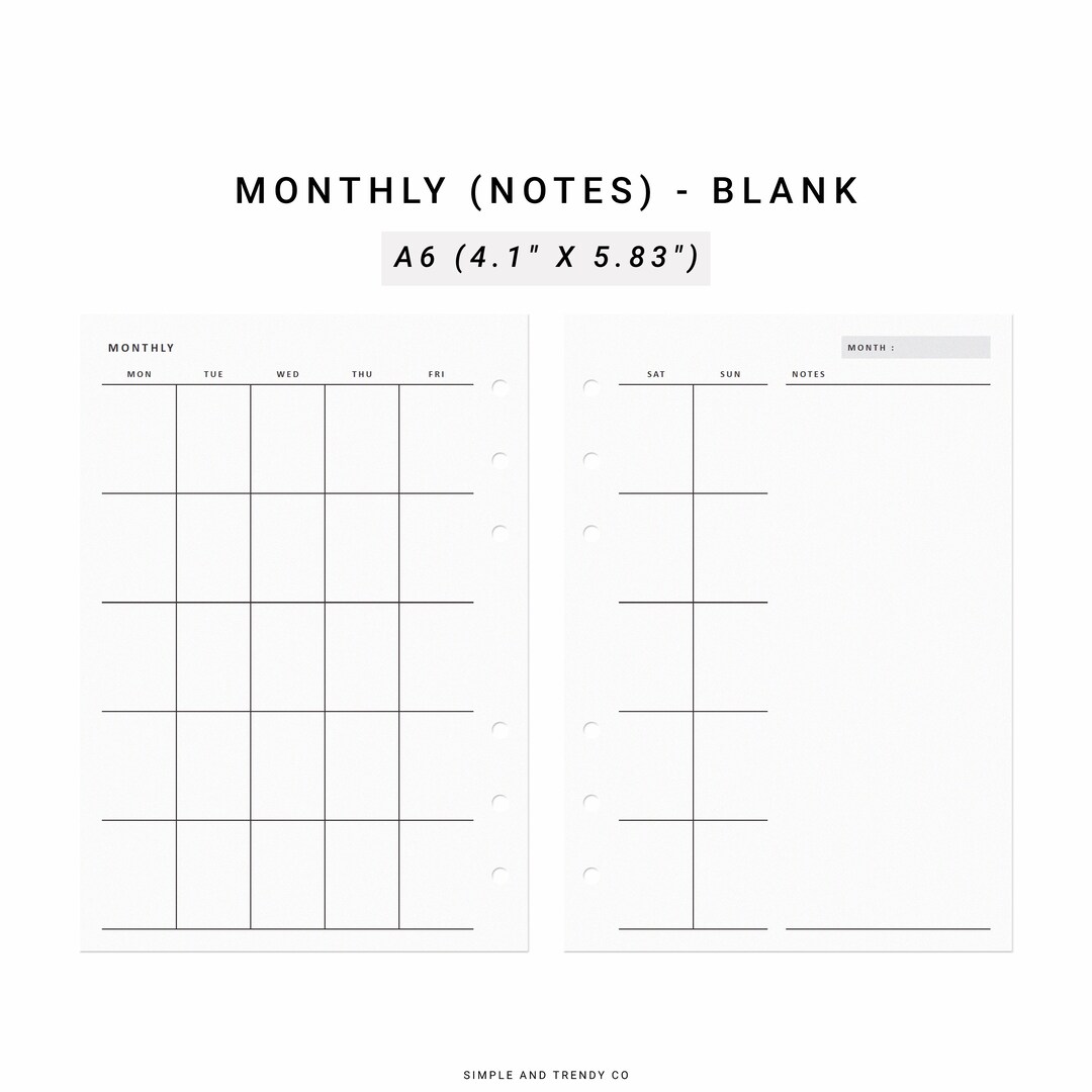 Monthly Planner Printable A6 Inserts, Undated Monthly Plan, Monthly ...