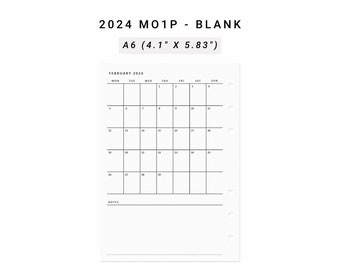 2024 Month on One Page MO1P, A6 Inserts, Minimalist Monthly Planner Printable, At A Glance Monthly Layout