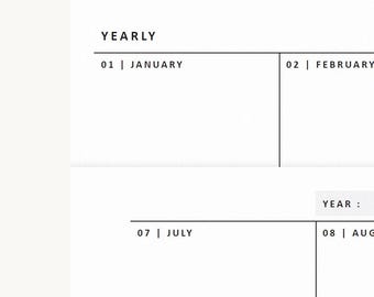 May include: A white yearly planner page featuring black text with the header YEARLY and sections for months including 01 JANUARY, 02 FEBRUARY, 07 JULY, and 08 AUGUST. The layout includes horizontal lines and a YEAR: label in a light gray box.