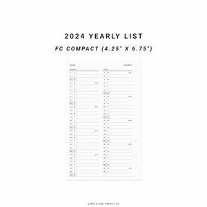 2024 Yearly Planner, FC Compact, Printable Yearly List, Yearly Agenda, Year at a glance, Annual Planner