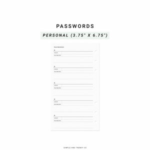 Printable Password Log Personal Planner Inserts, Password Keeper Password Organizer, Password Template Insert, Password Sheets Tracker