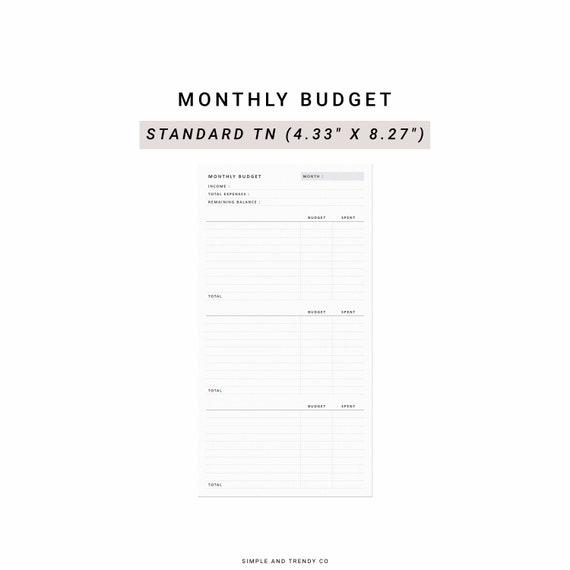 Budget Planner Printable TN Standard Monthly Budget Template | Etsy