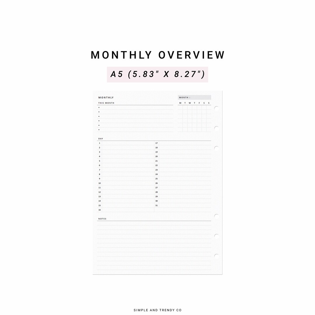 Monthly Overview Printable A5 Planner Inserts Month on a - Etsy