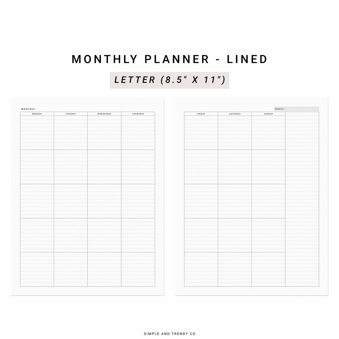 Monthly Planner Printable Minimalist Planner US Letter Size, Undated ...