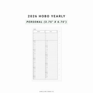 Puede incluir: Una inserción de planificador blanca con un diseño de cuadrícula para marzo y abril de 2026. El texto en la parte superior dice "2026 HOBO YEARLY PERSONAL (9,5 cm X 17,1 cm)". La parte inferior de la inserción tiene el texto "SIMPLE AND TRENDY CO".