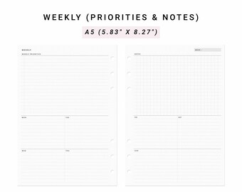 Weekly Planner A5 Planner Inserts , Weekly Agenda WO2P, Printable Weekly, Undated Weekly Layout