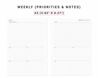 May include: A set of two A5 planner inserts measuring 5.83 inches by 8.27 inches. The left page features a weekly priorities section and lined spaces for Monday through Thursday. The right page includes a grid for notes and lined spaces for Friday through Sunday.