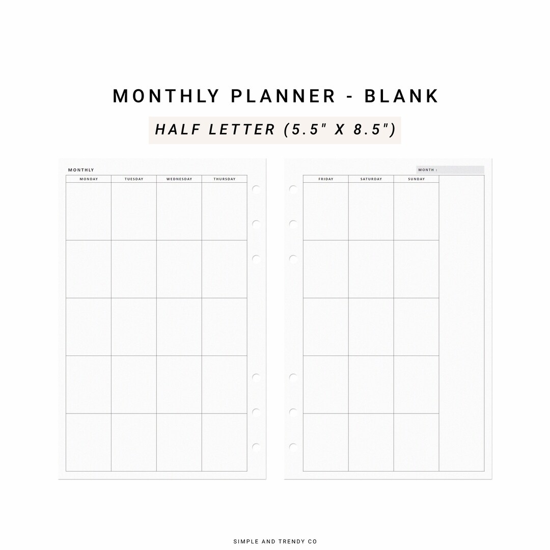 Monthly Planner Printable Minimalist Planner Half Size Half Letter ...