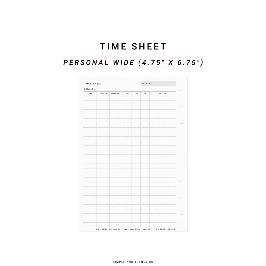 Time Sheet Log Printable Personal Wide Time Card Template Etsy