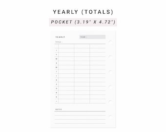May include: A white planner insert for a pocket-sized binder measuring 3.19 inches by 4.72 inches. The page features a yearly totals table with rows for each month, a title field, a year field, and a section for notes with six binder ring holes.