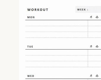 May include: A white workout planner page with black text and lines. The header reads WORKOUT and WEEK. The days MON, TUE, and WED are listed with horizontal lines for notes and small icons representing running and weightlifting exercises.