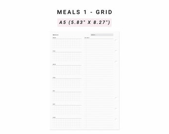 May include: A white A5 meal planner insert measuring 14.8 cm by 21 cm with six binder holes on the right side. The page features a grid layout for Monday through Sunday meals and a lined section for a shopping list labelled TO BUY.