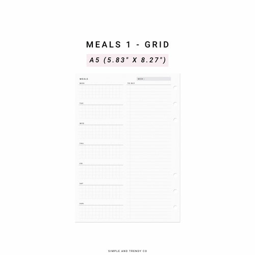 Meal Planner A5 Planner Inserts Weekly Meal Plan Template - Etsy