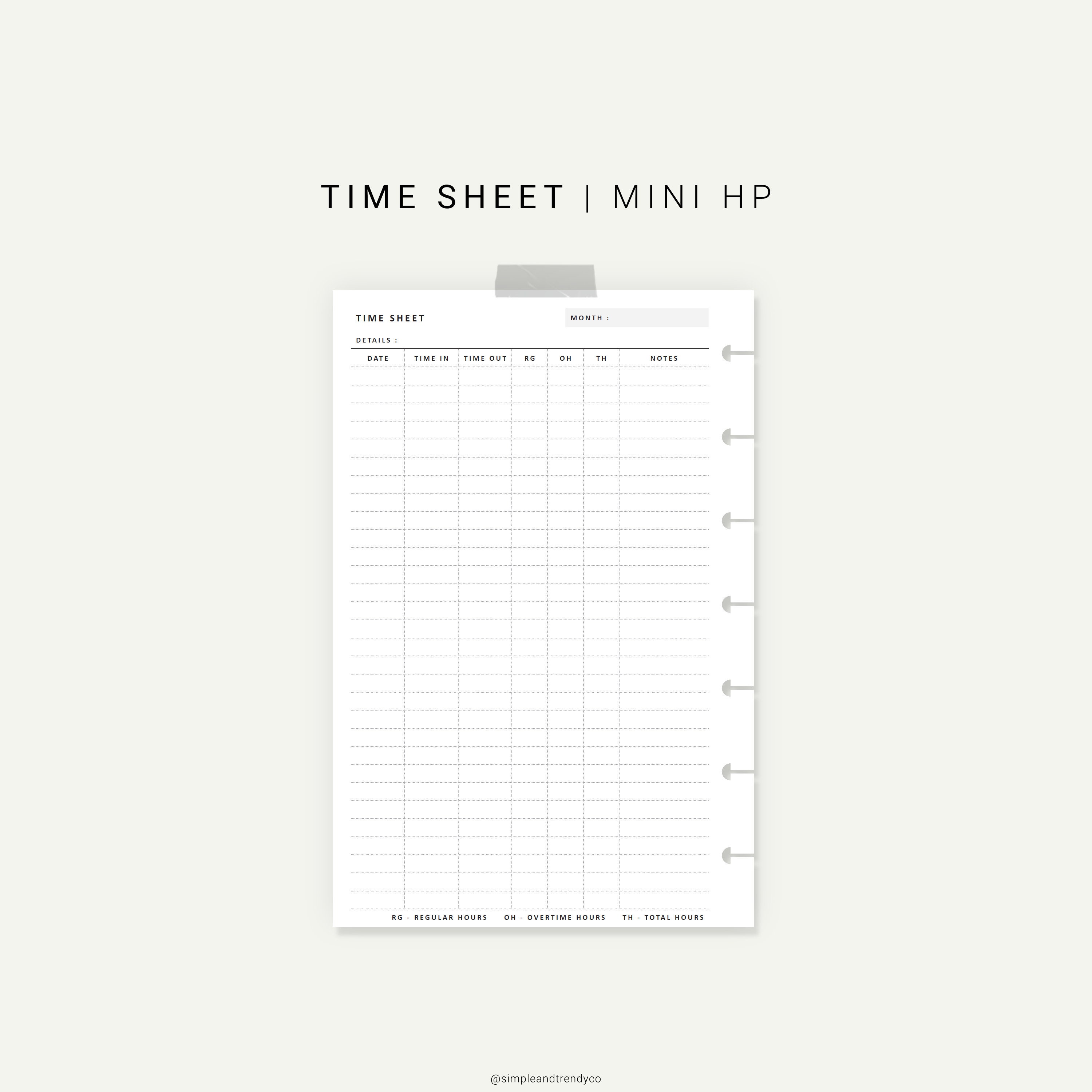 Time Sheet Log Printable Happy Planner Mini Time Card Etsy