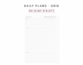 May include: A white A5 daily planner insert measuring 5.83 inches by 8.27 inches with a grid layout. The page features sections labeled DAILY PLANS, DATE, TODAY, TO DO, and NOTES, with six circular punch holes along the right side for binding.