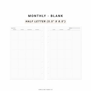 Planificador mensual Imprimible Planificador minimalista Tamaño medio Inserciones de media letra, mes sin fecha en dos páginas Lunes Domingo Inicio, Mes de un vistazo