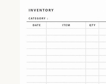 Könnte beinhalten: Ein weißes Inventar-Tracking-Blatt mit schwarzer Textüberschrift, die INVENTORY, CATEGORY, DATE, ITEM und QTY liest. Das Dokument enthält ein Rasterlayout mit vertikalen Spalten und horizontalen gepunkteten Linien für die Aufzeichnung.