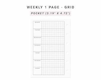 Puede incluir: Una página de inserción de agenda semanal blanca con diseño de cuadrícula, con el texto WEEKLY 1 PAGE - GRID POCKET (8,1 cm X 11,99 cm). La página incluye seis agujeros perforados en el lado derecho y enumera los días de lunes a domingo.