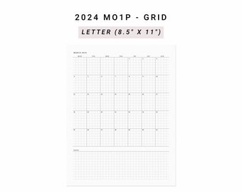 2024 Month on One Page MO1P, US Letter size, Minimalist Monthly Planner Printable, At A Glance Monthly Layout